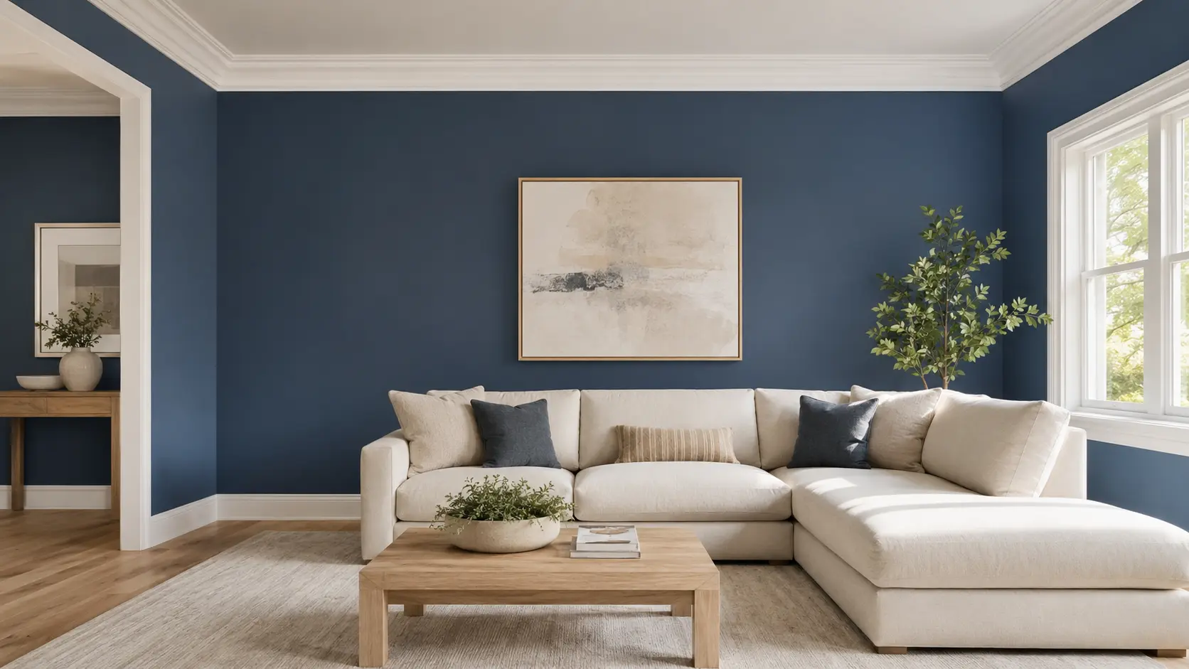 Sophisticated contemporary living room with smooth blue painted walls and detailed white trim